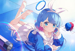  absurdres arona_(blue_archive) barefoot blue_archive blue_eyes blue_hair blue_shirt bow_hairband braid collarbone colored_inner_hair elise_(wdsm2344) feet feet_up female gacha hairband halo handlebar highres in_water legs light_blue_hair long_sleeves looking_at_viewer lying multicolored_hair on_stomach pink_hair rainbow ribbon sailor_collar school_uniform serafuku shirt single_braid skirt soles solo the_pose toes white_hairband white_ribbon white_sailor_collar white_skirt 