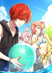  1other 2boys 2girls alternate_costume ball bandaged_arm bandages bartholomew_roberts_(fate) beach bikini binoculars black_hair blue_bikini blue_eyes blue_sky breasts cloud collarbone commentary_request creature creature_on_head dark-skinned_male dark_skin day double_bun fate/grand_order fate_(series) fou_(fate) frankenstein&#039;s_monster_(fate) frankenstein&#039;s_monster_(swimsuit_saber)_(fate) frankenstein&#039;s_monster_(swimsuit_saber)_(first_ascension)_(fate) fuji_(pixiv35145847) fuuma_kotarou_(fate) fuuma_kotarou_(shinobi_attire_for_summer_enjoyment)_(fate) hair_bun hair_ornament hair_over_one_eye headgear highres holding holding_ball hood hood_down hoodie horns jacket light_purple_hair lips long_sleeves looking_at_viewer mash_kyrielight mash_kyrielight_(swimsuit_of_perpetual_summer_ver.02) mechanical_horns multiple_boys multiple_girls navel official_alternate_costume one_eye_covered open_clothes open_jacket open_mouth outdoors parted_lips pink_hair pink_lips purple_eyes red_hair red_jacket short_hair signature single_horn sky sleeveless sleeveless_hoodie small_breasts smile stalking swimsuit teeth trait_connection wading water wet yellow_jacket 