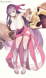  abs bare_shoulders breasts claws clothing_cutout collar fate/extra fate/extra_ccc fate/grand_order fate_(series) female gyudong123 highres huge_breasts long_hair passionlip_(fate) passionlip_(third_ascension)_(fate) pink_ribbon purple_hair revealing_clothes ribbon smile solo twitter_username very_long_hair white_background 