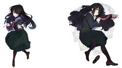  absurdres ahoge black_hair black_legwear black_serafuku blush brown_eyes brown_footwear brown_legwear cellphone commentary_request commission female full_body green_skirt hair_between_eyes hair_over_one_eye highres holding holding_phone izumozaki_neneko kitou_sakeru loafers long_hair long_skirt long_sleeves looking_at_viewer lying neckerchief on_bed on_side pantyhose paper parted_lips phone pointing pointing_at_viewer red_neckerchief school_uniform serafuku shironagasu-tou_e_no_kikan shoes simple_background single_shoe skeb_commission skirt smartphone standing unworn_neckerchief unworn_shoes white_background 