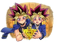  2boys black_hair black_shirt blonde_hair blue_jacket bright_pupils chains collar commentary_request dyed_bangs highres holding jacket jacket_on_shoulders jigoku_meguri long_sleeves male_focus millennium_puzzle multicolored_hair multiple_boys muto_yugi open_mouth purple_eyes purple_hair school_uniform shirt smile spiked_hair teeth tongue upper_teeth_only v-shaped_eyebrows white_pupils yami_yugi yu-gi-oh! yu-gi-oh!_duel_monsters 