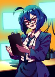  ahoge blue-framed_eyewear blue_hair blue_necktie blue_skirt borrowed_character clipboard collared_shirt eyebrows fangs female glasses hair_between_eyes highres holding holding_clipboard long_sleeves looking_at_viewer necktie office_lady open_mouth original pink_eyes powderrune rectangular_eyewear semi-rimless_eyewear shirt short_hair skirt skye_(hcnone) solo teeth tongue under-rim_eyewear upper_body white_shirt 