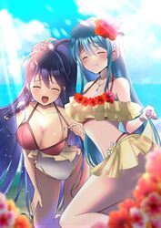  2girls :d absurdres aqua_hair ass azusa_(azchemist63) bare_shoulders bikini blue_hair blush braid breasts cameltoe cleavage closed_eyes collarbone covered_navel eirika_(fire_emblem) eirika_(summer)_(fire_emblem) fire_emblem fire_emblem:_the_sacred_stones fire_emblem_heroes flower hibiscus highres jewelry large_breasts layered_bikini leaning_forward long_hair looking_at_viewer medium_breasts multiple_girls necklace official_alternate_costume one-piece_swimsuit open_mouth outdoors ponytail sidelocks skirt_hold smile sunlight swimsuit tana_(fire_emblem) tana_(summer)_(fire_emblem) twin_braids two-tone_bikini very_long_hair white_one-piece_swimsuit yellow_bikini 