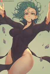  alternate_breast_size artist_name black_dress breasts covered_navel curly_hair dress female floating floating_hair floating_object floating_rock frown green_background green_eyes green_hair highres impossible_clothes impossible_dress levitation looking_at_viewer medium_breasts no_panties one-punch_man outstretched_arms patreon_logo patreon_username psychic shexyo short_hair side_slit solo tatsumaki telekinesis thighs web_address 