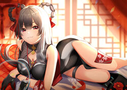  absurdres bare_legs braid china_dress chinese_clothes cleavage_cutout clothing_cutout dress feet_out_of_frame female gloves goddess_of_victory:_nikke hair_ribbon hair_rings highres indoors long_hair looking_at_viewer lying red_eyes ribbon rindou_ringdong skirt smile solo thighs twin_braids yan_(nikke) 