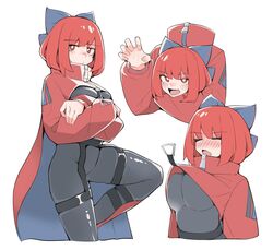  akatsuki_records black_bodysuit blue_bow blush bodysuit bow breasts cape claw_pose cloak clothes_lift commentary_request crossed_arms disembodied_head female garter_straps hairbow high_collar highres holding_head long_sleeves looking_at_viewer multiple_views red_cloak red_eyes red_hair rock_&#039;n&#039;_rock_&#039;n&#039;_beat sekibanki thigh_strap touhou white_background yashiki_sen 