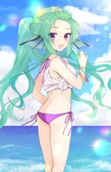  :d absurdres ass bangs_pinned_back bikini bikini_under_clothes cloud day earrings eyes_visible_through_hair female finana_ryugu fins fish_girl food green_hair halterneck head_fins highres jewelry long_hair looking_at_viewer looking_back nijisanji nijisanji_en no_pants ocean open_mouth ponytail popsicle purple_bikini purple_eyes shirt short_sleeves side-tie_bikini_bottom sky sleeves_rolled_up smile solo sun swimsuit t-shirt thighs tied_shirt unyon_bbunco very_long_hair virtual_youtuber 