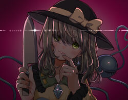  absurdres black_hat blood blood_on_knife blouse blue_nails blush bow closed_mouth commentary dark diffraction_spikes earrings eyeball eyebrows_hidden_by_hair female frilled_shirt_collar frills glint gradient_background green_eyes green_hair hair_over_eyes hat hat_bow head_tilt heart heart_in_eye heart_of_string highres holding holding_knife jewelry knife komeiji_koishi lips long_hair long_sleeves looking_at_viewer nail_polish pink_background ribbon-trimmed_clothes ribbon_trim salt_(seasoning) shirt simple_background smile solo symbol-only_commentary symbol_in_eye third_eye touhou upper_body yellow_bow yellow_shirt 