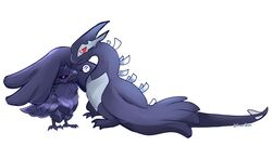  ? animal_focus bird commentary corviknight english_commentary eye_contact looking_at_another lugia no_humans pokemon pokemon_(creature) pokemon_xd purple_theme red_eyes shadow_lugia signature simple_background spoken_question_mark standing white_background windaura 