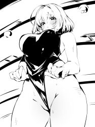  ahoge bare_shoulders blush breasts clothes_lift commentary female greyscale highres idolmaster idolmaster_cinderella_girls idolmaster_cinderella_girls_starlight_stage karan large_breasts medium_hair monochrome one-piece_swimsuit parted_lips solo sweat swimsuit swimsuit_lift thighs yumemi_riamu 