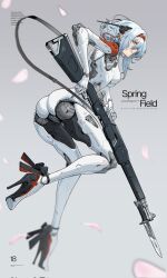  bayonet blue_hair bodysuit bolt_action cyborg earpiece english_text female gun headband high_heels highres holding holding_gun holding_weapon kulipasi m1903_springfield mechanical_arms mechanical_legs original petals rifle rose_petals short_hair solo weapon white_bodysuit yellow_eyes 