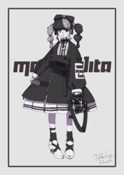  asymmetrical_hair black_dress black_eyes black_hair black_socks dress earrings female full_body grey_eyes grey_hair heterochromia highres jewelry long_sleeves multicolored_hair original puffy_long_sleeves puffy_sleeves shoes signature socks solo standing white_footwear yellowking_hiro 