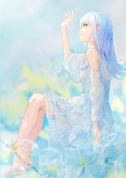  arm_up bare_legs barefoot blue_hair blurry blurry_background blurry_foreground commentary_request depth_of_field detached_sleeves dress female floral_background flower from_side green_eyes highres invisible_chair kisei2 long_hair long_sleeves multicolored_hair original plantar_flexion profile puffy_long_sleeves puffy_sleeves see-through sitting skeleton_flower_(plant) sleeveless sleeveless_dress solo transparent_flower white_dress white_hair white_sleeves 