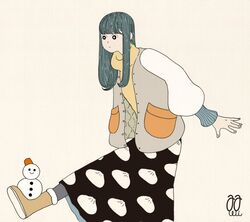  awai880 black_eyes boots bright_pupils brown_footwear female grey_hair jacket long_hair long_skirt long_sleeves original pocket print_skirt signature simple_background skirt snowman solo sweater tan_background white_pupils yellow_sweater 