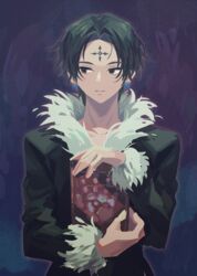  1boy black_eyes black_hair book chrollo_lucilfer coat earrings facial_mark forehead_mark fur_trim highres holding holding_book hsh7955 hunter_x_hunter jewelry looking_to_the_side male_focus nen_(hunter_x_hunter) parted_bangs solo 