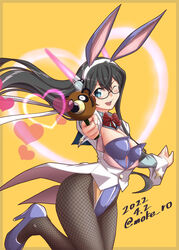  adapted_costume animal_ears black_hair bow bowtie breasts can_can_bunny coattails cosplay cowboy_shot cropped_jacket dated female fishnet_pantyhose fishnets green_eyes gun jacket kantai_collection leotard long_hair looking_at_viewer moke_ro one_eye_closed ooyodo_(kancolle) pantyhose playboy_bunny purple_footwear purple_leotard rabbit_ears rabbit_tail red_bow red_bowtie semi-rimless_eyewear small_breasts solo swatty_(can_can_bunny) swatty_(can_can_bunny)_(cosplay) tail twitter_username under-rim_eyewear weapon white_jacket wrist_cuffs 