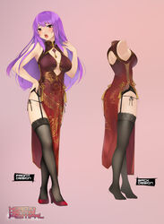  black_legwear center_opening china_dress chinese_clothes commission dress female from_side garter_belt hand_on_own_hip high_heels highres kopianget long_hair looking_at_viewer multiple_views open_mouth original panties pelvic_curtain pink_background pixiv_commission purple_hair side-tie_panties side_slit sleeveless tassel thighhighs underwear 