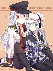  2girls alternate_costume belt black_footwear black_gloves black_pantyhose black_skirt blue_eyes blush boots breasts camouflage camouflage_jacket closed_mouth commentary_request fish flat_cap food gangut_(kancolle) gangut_dva_(kancolle) gloves grey_hair hammer_and_sickle hat hibiki_(kancolle) jacket kabocha_torute kantai_collection long_hair long_sleeves looking_at_another medium_breasts military military_hat military_jacket multiple_girls pantyhose peaked_cap red_eyes red_shirt scar scar_on_cheek scar_on_face shirt sitting skirt star_(symbol) twitter_username verniy_(kancolle) verniy_(saury_festival)_(kancolle) wariza white_hair white_jacket winter_clothes 