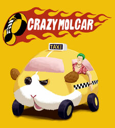  1boy axel_(crazy_taxi) bracelet commentary crazy_taxi crossover faceless faceless_male green_hair grin hawaiian_shirt jewelry logo_parody male_focus molcar necklace nigou parody potato_(pui_pui_molcar) pui_pui_molcar shirt simple_background smile smirk yellow_background 