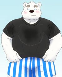  2020 4:5 anthro bear belly black_nose blue_background blue_eyes blush clothing fur hi_res humanoid_hands kemono male mammal overweight overweight_anthro overweight_male polar_bear shirane_kan shirt simple_background solo topwear underwear ursine utau white_body white_fur yaki_atsuage 