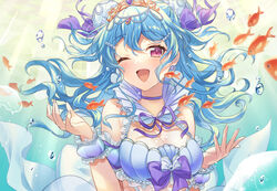  ;d accessories air_bubble bang_dream! bare_shoulders blue_hair bubble earrings female fish hair_bun iku2727 jewelry light_blue_hair long_hair matsubara_kanon one_eye_closed open_mouth puffy_sleeves purple_eyes ribbon single_hair_bun smile solo underwater 