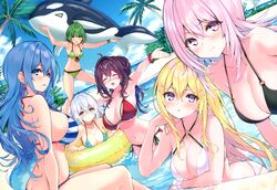  6+girls :d ^_^ absurdres antenna_hair arm_up bikini black_bikini blonde_hair blue_eyes blue_hair blue_sky blush breasts cleavage closed_eyes criss-cross_halter cu-no day dutch_angle earrings glasses green_eyes green_hair hair_between_eyes hair_ornament hairclip hakurei_botan halterneck highres hisen_kaede inflatable_orca inflatable_toy innertube jewelry kohitsuji_ai kokonoe_tamaki large_breasts long_hair multiple_girls navel necklace non-web_source nonono_futaba o-ring o-ring_bikini open_mouth outdoors pince-nez pink_eyes pink_hair purple_eyes purple_hair rapua_qive scan scrunchie short_hair side-tie_bikini_bottom sideboob sky smile strap_gap string_bikini striped_bikini striped_clothes swim_ring swimsuit wading white_bikini white_hair wrist_scrunchie yayoi_sakura 