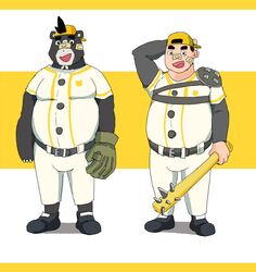  2020 anthro baseball_bat baseball_glove baseball_uniform bat_(object) bear belly black_body black_fur bottomwear brand_new_animal clothing fur hat headgear headwear hi_res human humanoid_hands kemono kounfuyu letterbox male mammal overweight overweight_male pants shirt sloth_bear_(brand_new_animal) solo sportswear studio_trigger topwear transformation uniform 