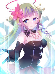  ameth_(princess_connect!) bare_shoulders black_gloves black_shirt blue_eyes blunt_bangs breasts closed_mouth commentary_request drill_hair drill_sidelocks elbow_gloves female flower gloves green_hair gucchiann hair_flower hair_ornament halo highres long_hair looking_at_viewer medium_breasts multicolored_hair pink_flower pleated_skirt pointy_ears princess_connect! purple_hair red_skirt ringlets shirt sidelocks skirt smile solo two-tone_hair very_long_hair 