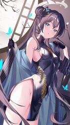  bare_shoulders black_dress black_gloves black_hair black_jacket blue_archive blue_eyes breasts butterfly_hair_ornament china_dress chinese_clothes cowboy_shot dragon_print dress female gloves hair_bun hair_ornament halo hand_up highres jacket kisaki_(blue_archive) ldfe_mk2 long_hair long_sleeves looking_at_viewer no_panties off_shoulder open_clothes open_jacket parted_lips pelvic_curtain pinstripe_pattern print_dress short_dress sleeveless sleeveless_dress small_breasts solo standing striped_clothes striped_jacket thighs twintails very_long_hair 