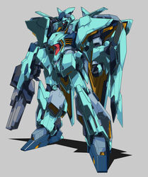  absurdres assault_visor beastkingbarbaros clenched_hand commentary grey_background gun gundam gundam_hathaway&#039;s_flash highres holding holding_gun holding_weapon looking_down mecha no_humans redesign robot shadow standing weapon xi_gundam 