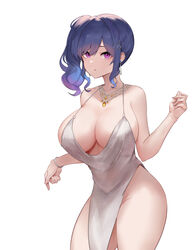  absurdres azur_lane blue_hair bracelet breasts cleavage cowboy_shot dress earrings evening_gown female grey_dress hair_ornament highres jewelry large_breasts necklace obniermarbiss official_alternate_costume pelvic_curtain purple_eyes revealing_clothes side_ponytail sidelocks simple_background sleeveless sleeveless_dress solo st._louis_(azur_lane) st._louis_(luxurious_wheels)_(azur_lane) thighs white_background 