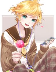  1boy aqua_eyes black_sailor_collar blonde_hair cable candy cellphone commentary earphones food giving hair_ornament hairclip heart highres holding holding_candy holding_food holding_lollipop holding_phone kagamine_len lollipop looking_at_viewer male_focus nail_polish necktie open_mouth pants phone plaid plaid_pants sailor_collar school_uniform shirt short_ponytail sitting smartphone smile soramame_pikuto spiked_hair vocaloid white_shirt yellow_nails yellow_necktie 