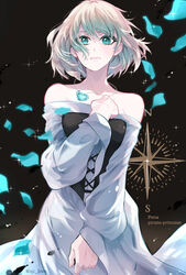  akehata_hikari aqua_eyes bare_shoulders black_background blonde_hair clenched_hand compass_rose copyright_name dress female fena_houtman highres jewelry kaizoku_oujo long_sleeves looking_at_viewer necklace petals short_hair simple_background twitter_username white_dress 