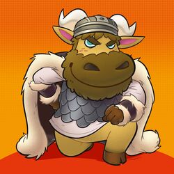  1:1 2020 angusburgers animal_crossing anthro armor bison bovid bovine brown_body brown_fur cape chibi clothed clothing fur headgear helmet hi_res humanoid_hands male mammal nintendo solo vic_(animal_crossing) viking_helmet 