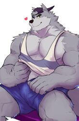  absurd_res anthro backwards_baseball_cap backwards_hat baseball_cap biceps canid canine canis cartoon_network clothing fur grey_body grey_fur hat headgear headwear heart_symbol hi_res looking_at_viewer male mammal moshihun muscular muscular_anthro muscular_male pecs shirt simple_background smile solo tank_top topwear we_baby_bears we_bare_bears white_background wolf wolf_(we_baby_bears) 