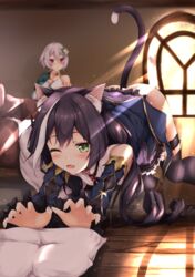  2girls ;o absurdres animal_ear_fluff animal_ears bad_id bad_pixiv_id black_hair black_thighhighs blurry blurry_background blush bottomless cat_ears cat_girl cat_stretch cat_tail commentary detached_sleeves drill_hair elf fingernails floor flower frills green_eyes grey_hair hair_flower hair_ornament highres jacket karyl_(princess_connect!) kokkoro_(princess_connect!) low_twintails multicolored_hair multiple_girls oerba_yun_fang one_eye_closed open_mouth pillow pointy_ears princess_connect! purple_jacket rumiko_(rmeco) short_hair skin_fang streaked_hair stretching tail tail_raised thighhighs twintails white_hair window 