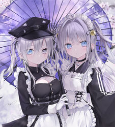  2girls absurdres ahoge apron bad_id bad_pixiv_id bell black_choker black_dress black_headwear black_ribbon blue_eyes breasts choker cleavage_cutout closed_mouth clothing_cutout commentary_request cross-laced_clothes double_vertical_stripe dress ear_piercing gloves hair_bell hair_intakes hair_ornament hat heart-shaped_lock heterochromia highres holding holding_umbrella jingle_bell large_breasts long_sleeves looking_at_viewer maid maid_headdress mashiro_shiki mikuro_(si10ra) multicolored_hair multiple_girls oil-paper_umbrella original peaked_cap piercing pink_eyes ribbon shigure_(si10ra) sleeve_cuffs streaked_hair twintails two_side_up umbrella wa_maid white_apron white_gloves wide_sleeves 