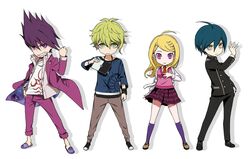  3boys ahoge akamatsu_kaede amami_rantaro backpack bag beamed_eighth_notes beard black_hair blonde_hair breasts chibi closed_mouth danganronpa_(series) danganronpa_v3:_killing_harmony denim ear_piercing eighth_note eyelashes facial_hair female gakuran goatee green_eyes green_hair grey_eyes hair_between_eyes hair_ornament happy height_difference jacket jacket_on_shoulders jeans jewelry kanata_(loser51) kiseru long_hair long_sleeves looking_at_viewer momota_kaito multiple_boys musical_note musical_note_hair_ornament necklace necktie pale_skin pants parody persona persona_q2:_new_cinema_labyrinth persona_q_(series) piercing pink_eyes pleated_skirt purple_eyes purple_hair randoseru saihara_shuichi school_uniform serious shirt short_hair simple_background skirt smile smoking_pipe space_print spiked_hair staff_(music) starry_sky_print striped_clothes striped_shirt style_parody sweater_vest tablet_pc white_background wristband yellow_eyes 