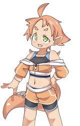  ahoge bare_shoulders bike_shorts black_shorts black_sports_bra borrowed_character brown_shorts collarbone commentary_request crop_top drawstring female green_eyes hand_on_own_hip jacket long_hair long_sleeves looking_at_viewer lyanon midriff navel off_shoulder orange_hair orange_jacket orange_tail original pointy_ears puffy_long_sleeves puffy_sleeves short_eyebrows short_shorts shorts shorts_under_shorts simple_background solo sports_bra tail thick_eyebrows white_background 