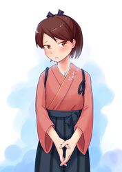  absurdres bad_id bad_twitter_id black_hakama brown_eyes brown_hair commentary_request cosplay cowboy_shot female frown hakama hakama_short_skirt hakama_skirt highres houshou_(kancolle) houshou_(kancolle)_(cosplay) inactive_account japanese_clothes kantai_collection kimono looking_at_viewer pink_kimono ponytail shikinami_(kancolle) skirt solo tasuki v_arms yonemiya_inaho 