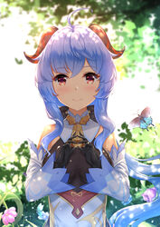  ahoge animal backlighting bare_shoulders black_gloves blue_hair blush bodystocking breasts bug butterfly chahei closed_mouth commentary curled_horns day detached_sleeves female flower ganyu_(genshin_impact) genshin_impact gloves hair_between_eyes hands_up highres horns long_hair long_sleeves looking_at_viewer medium_breasts outdoors own_hands_together pink_flower red_eyes sidelocks smile solo symbol-only_commentary upper_body very_long_hair white_sleeves wide_sleeves 