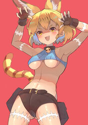  :d absurdres animal_ear_fluff animal_ears armpits arms_up bare_shoulders belt belt_pouch black_belt black_gloves blonde_hair blue_shirt blush breasts cat_ears cat_tail claw_pose commentary cosplay cowboy_shot crop_top extra_ears fangs female fingerless_gloves fingernails gloves hair_between_eyes highres kemono_friends looking_at_viewer medium_breasts ms._fortune_(skullgirls) ms._fortune_(skullgirls)_(cosplay) navel open_mouth osnmykk pouch red_background scar serval_(kemono_friends) sharp_fingernails shirt short_hair short_shorts shorts simple_background skullgirls sleeveless sleeveless_shirt slit_pupils smile solo sway_back tail teeth underboob upper_teeth_only yellow_eyes 