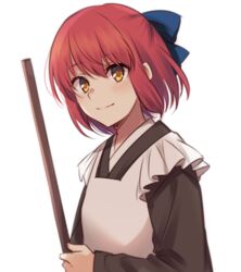  apron blue_bow blush bow broom brown_kimono closed_mouth commentary_request female floating_hair frilled_apron frills hair_between_eyes hairbow half_updo holding holding_broom japanese_clothes kimono kohaku_(tsukihime) long_sleeves looking_at_viewer maid maid_apron nemu_mohu red_hair short_hair sidelocks simple_background smile solo tsukihime upper_body wa_maid white_apron white_background yellow_eyes 