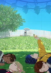  4girls absurdres aonuma_neiru arm_up asymmetrical_bangs beetle blonde_hair blue_cardigan blue_hair braid brown_hair bug cardigan choker closed_eyes collared_dress collared_shirt dark-skinned_female dark_skin day dress egg fence ferris_wheel floral_print flower flower_request grass grey_dress hair_ornament hair_over_shoulder hairband hairpin highres holding holding_egg hood hoodie kawai_rika key_visual long_hair looking_at_object looking_up lying multicolored_hair multiple_girls official_art on_back on_grass ooto_ai outdoors parted_lips pink_hair plant_request promotional_art sawaki_momoe shadow shirt short_hair side_braid sleeping streaked_hair sunflower_print table takahashi_saki tree triangle_hair_ornament vending_machine white_hairband wonder_egg_priority wooden_fence yellow_eyes yellow_hoodie 