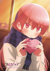  absurdres beige_sweater blush box closed_mouth copyright_name english_text female gift gift_box hands_up happy_valentine head_tilt heart-shaped_box highres holding holding_box holding_gift indoors logo long_hair long_sleeves looking_at_viewer official_art pink_hair plaid plaid_scarf purple_scarf red_eyes sasaki_masakatsu scarf sidelocks smile solo tonikaku_kawaii upper_body valentine window yuzaki_tsukasa 