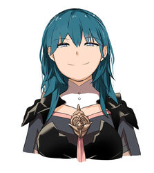  anime_coloring armor bakkanki black_armor blue_eyes blue_hair byleth_(female)_(fire_emblem) byleth_(fire_emblem) crest detached_collar eyebrows female fire_emblem fire_emblem:_three_houses long_hair looking_at_viewer neckwear_request simple_background smile smug solo upper_body white_background 