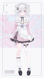  absurdres apron asymmetrical_legwear bad_id bad_pixiv_id bandaid bandaid_on_leg barcode black_bow black_footwear black_hairband black_ribbon bow breasts cleavage cleavage_cutout closed_mouth clothing_cutout commentary_request cross-laced_clothes dress female frilled_apron frilled_dress frills full_body hagoromo_mayo hairband hairbow heart_o-ring highres indie_virtual_youtuber juliet_sleeves long_sleeves looking_at_viewer loose_thighhigh maid_headdress mashiro_shiki medium_breasts neck_ribbon official_art pink_dress pink_eyes puffy_sleeves ribbon shoes sidelocks solo thigh_strap thighhighs twintails uneven_legwear virtual_youtuber white_apron white_hair white_legwear 