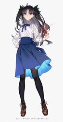  artoria_pendragon_(fate) black_hair black_pantyhose blue_eyes blue_skirt breasts collared_shirt commentary cosplay dress_shirt fate/stay_night fate_(series) female full_body gem hair_ribbon highres long_hair long_sleeves looking_at_viewer medium_breasts pantyhose parted_bangs red_gemstone ribbon saber_(fate) saber_(fate)_(cosplay) shirt simple_background skirt solo tohsaka_rin two_side_up white_background white_shirt yaoshi_jun 