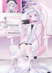  :d absurdres animal_hood animal_slippers artist_self-reference bad_id bad_pixiv_id bandaid bandaid_on_knee bandaid_on_leg black_choker black_skirt cat_hood cat_slippers chair character_name choker commentary_request computer computer_keyboard computer_tower cross-laced_clothes cross-laced_legwear desk female gaming_chair gauze handheld_game_console highres hoju_rura holding holding_handheld_game_console hood hood_up hooded_jacket indie_virtual_youtuber jacket long_hair long_sleeves looking_at_viewer loose_socks loungewear mashiro_shiki microphone monitor nintendo_switch pink_eyes pink_socks poster_(object) signature sitting skirt sleeves_past_wrists slippers smile socks solo studio_microphone swivel_chair virtual_youtuber white_footwear white_hair white_jacket x_x youtube 