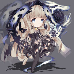  angry bad_id bad_pixiv_id blonde_hair blue_eyes blunt_bangs boots chibi choker cloak closed_mouth detached_sleeves dress female frown grey_background highres long_hair looking_at_viewer possessed red_riding_hood_(sinoalice) sidelocks simple_background sinoalice solo standing standing_on_one_leg thigh_boots thighhighs wavy_hair wolf xxviii_xi 